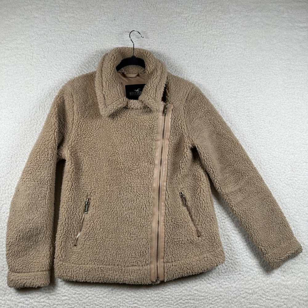 Hollister Faux Fur Teddy Sherpa Jacket Womens Asymmetrical Zip Moto M Tan Cozy